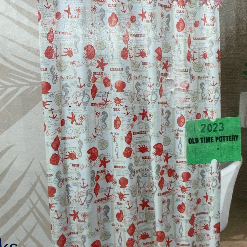 Caribbean Joe Coastal sea Shells Starfish Fabric Shower Curtain & Hooks 70x72”